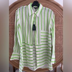 Massimo Dutti white and lime green linen button down oxford NWT